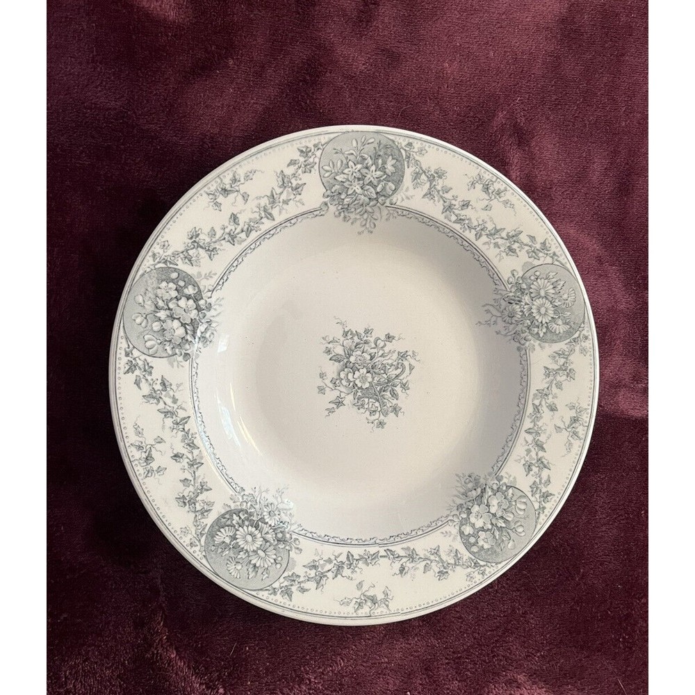 Antique J&G Meakin Hanley Oxford Rimmed Bowl Grey Flowers Ironstone China